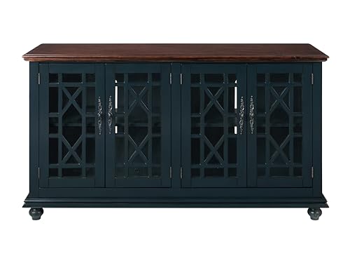 Image of Elegant Wood TV Stand for 50 inch, 55 inch, 60 inch, 65 inch TVs, Entertainment Center with Doors, Adjustable Shelves, Storage, Media Console, Sideboard, Hallway Accent Chest Dark Blue and Brown 63 inch W x 18 inch D x 35 inch H