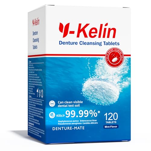 Y-Kelin Compresse per la Pulizia di Protesi Mobili e Dentiere, Pulizia protesi dentaria, Detergente Effervescente per Protesi, Apparecchi e Dispositivi Dentali (120 Compresse)