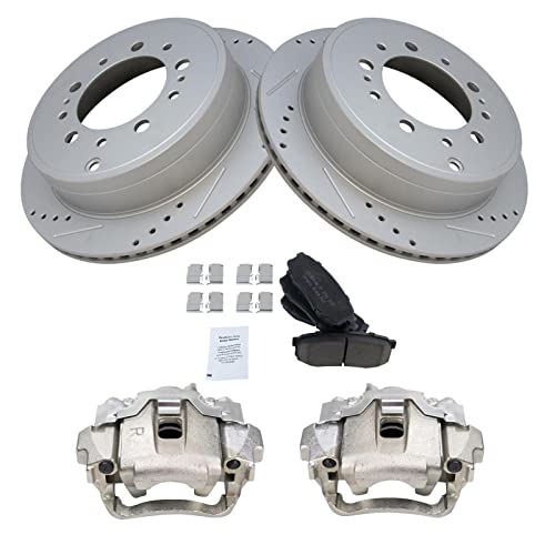 Image of TRQ Performance Rear Brake Pad and Rotor Set Ceramic Vented G Coated Rotors Calipers Compatible with 2008-2015 Lexus LX570 2008-2015 Toyota Land Cruiser