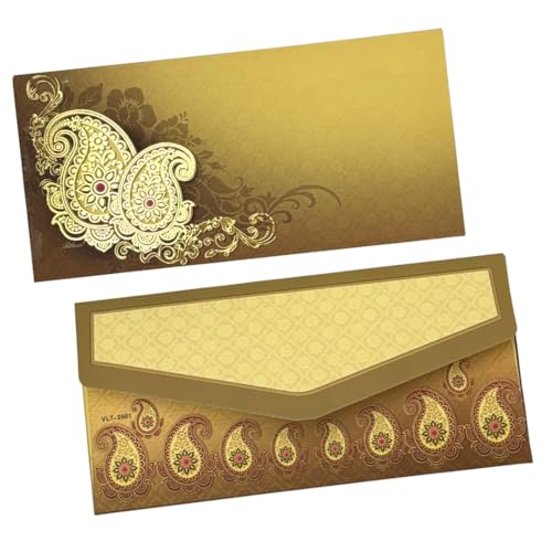 Image of Pack of 20, Golden Paisley Design Fancy Shagun Envelopes for Gifting Money Rectangle Shape Velvet Finish Paper Designer Sagan Lifafa Wedding Cash, 19 X 9 cm, Mustard Yellow Color