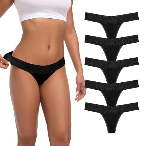 Auithery Tanga-Unterwäsche für Frauen in Übergröße Spitze Baumwolle Sexy Slips Hohe Taille Strings Spitze Baumwolle Schwarz Größe 3XL Packung mit 5