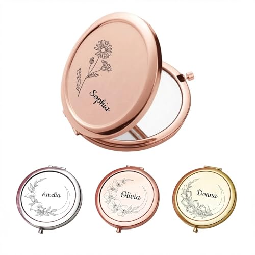 CHENGXINXINXI Personalized Engraved Pocket mini Makeup Mirror, with Personalized Birth Flowers and Name. Suitable for Travel, Brides, Bridesmaids, and Girlfriends as a Gift.