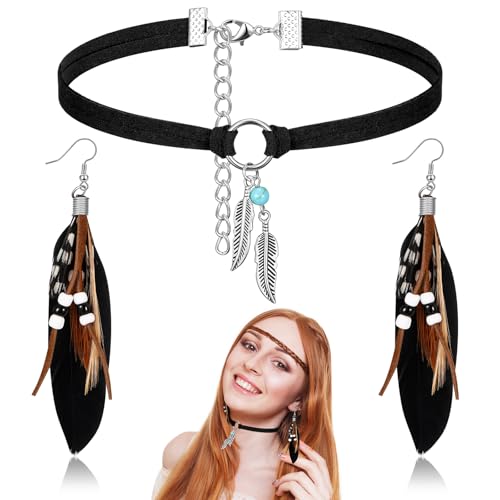 Jadive Set Pendientes de Plumas con Perlas Joyería India Gargantilla de Cuero Retro Bohemios Steampunk Mujer(Negro)