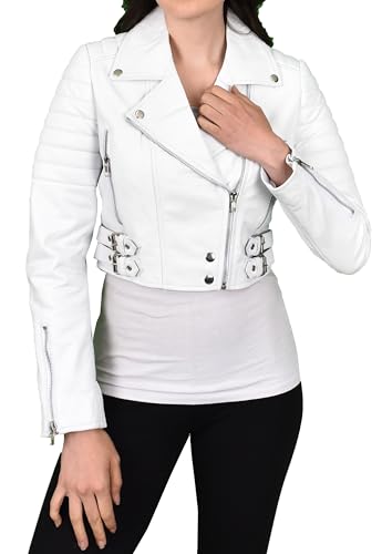 Veste en cuir pour femme coupe courte style motard Liana blanc taille 34