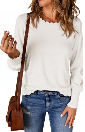 Cicy Bell Womens Crew Neck Long Sleeve Sweater Trendy Casual Scallop Trim Fall Knit Lightweight Pullover Tops