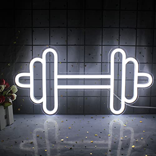 Lucunstar Gym Neon Sign Barbell Dumbbell Shaped Neon signs White Neon Lights Up Gym Wall Stickers for Fitness Club Decor LED Sign for Teen Girls Teen Sports Room Game Room Decor by LUCUNSTAR - Used condition - US$16.86