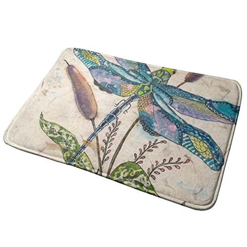 YINGD Door Mats Dragonfly Water Reed Beautiful Vintage Flannel Non Slip Rugs Floor Mat Washable for Bath Kitchen Room Home Decor 40x60cm