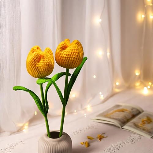 Image of Tulip Crochet Flowers | Handcrafted Artificial Faux Woolen Flower with Long Stem | Natural Looking Knitted Flower for Home, Living Room, Vase & Bouquet Decoration & Gifting | Yellow-2 Pcs