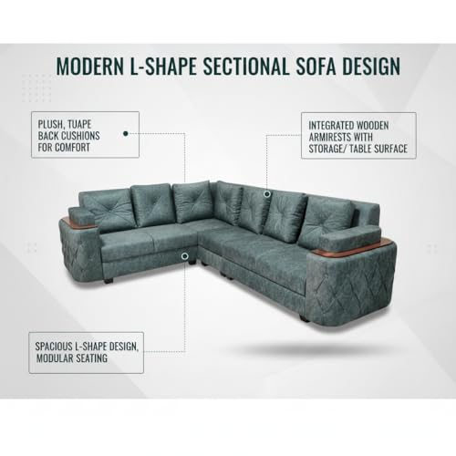 Image of APRODZ Wooden Sofa Set 6 Seater for Living Room, Solid Wood L Shape Sectional Sofa with Velvet Fabric Upholstery, Cushioned Seating for Home, Office & Lounge, Smoky Teal