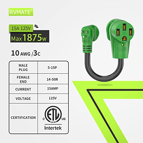 Rvmate 15 Amp To 50 Amp Rv Adapter Cord 12", Nema 5-15P Male To Nema 14-50R Female Dogbone, 180 Degree Bend, Right-Angle Handle With Led Indicator #TOP5