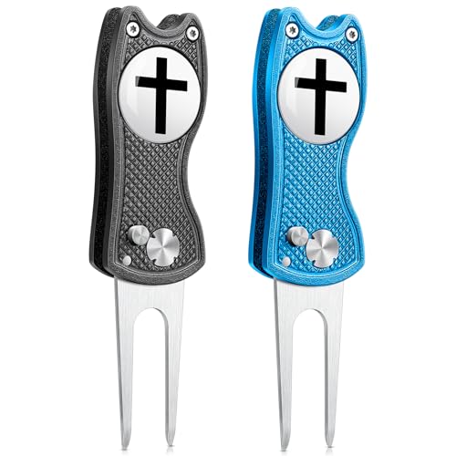 Golf Divot Repair Tool with Magnetic Ball Marker - Stainless Steel Foldable Divot Tool & Golf Divot Tool Featuring Cross Design for Faith-Based Golfers | Perfect for Greens Repair (1 blue + 1 black)