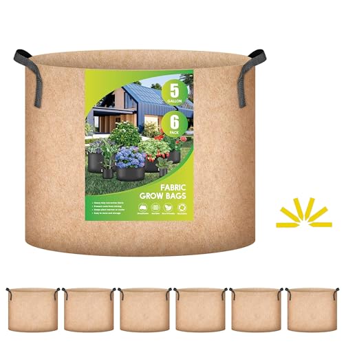 iPower Plant Grow Bag 5 Gallon 6-Pack Heavy Duty Fabric Pots, 300g Thick Nonwoven Fabric Containers Aeration with Nylon Handles, for Planting Vegetables, Fruits, Flowers, Tan 2024 Version