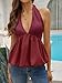 Tankaneo Womens Deep V Neck Halter Tank Tops Summer Trendy Casual Bubble Hem Tie Back Sleeveless Shirts Wine Red