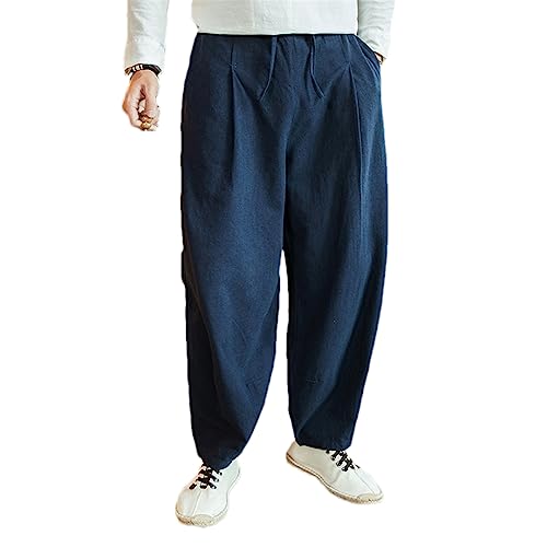 Pantalon sarouel décontracté bleu marine en coton et lin taille 31-35