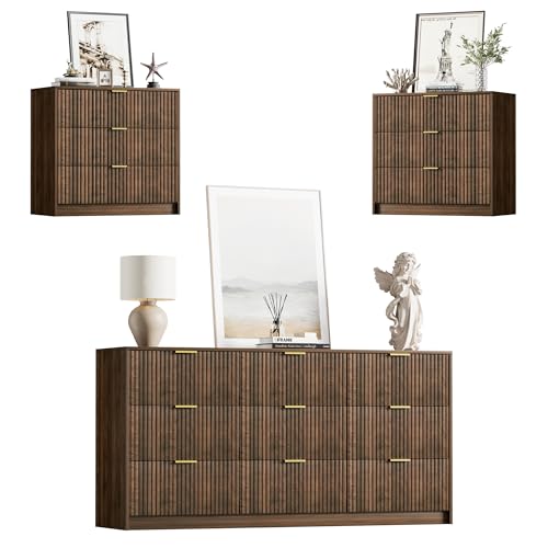 Image of Furniway 3 Piece Bedroom Set, 9 Drawer Dresser and 3-Drawer Nightstand Set of 2 with Gold Handles, Mid-Century Modern Wood Chest of Drawers Storage Cabinet for Bedroom, Walnut