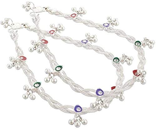 Giriraj Silver Plated & Brass Stylish Thin Size Anklets Kolusu Payal Ghungroo for Women (White)