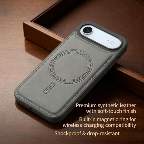 Image of amazon basics Premium PU Leather Case for iPhone 17 Air, MagSafe Compatible Magnetic Ring, Sleek Protective Back Cover - [Gray]