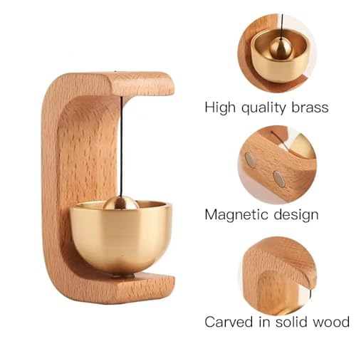 Image of Shopkeeper Bell Japanese Style Wooden Door Chime | Copper Bell Sound Alert for Shops, Homes & Offices | No-Drill Stick-On Doorbell | Rustic Oval Design for Door, Wall, Fridge, Cafe Decor