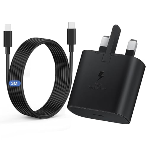 Samsung Charger Fast Charge, 3M Samsung USB C Phone Cable and Plug for Galaxy S25 S24 S23 S22 S21 S20 A33 A34 A35 A36 A53 A54 A55 A56 A17 A16 A25 A26 A70,USBC Long Charging Lead 3M with Type C Plug UK