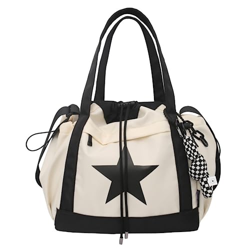 Y2K Aesthetic Crossbody White Bag with Pendant Star - Multi Pockets and Drawstring Closure - One Size