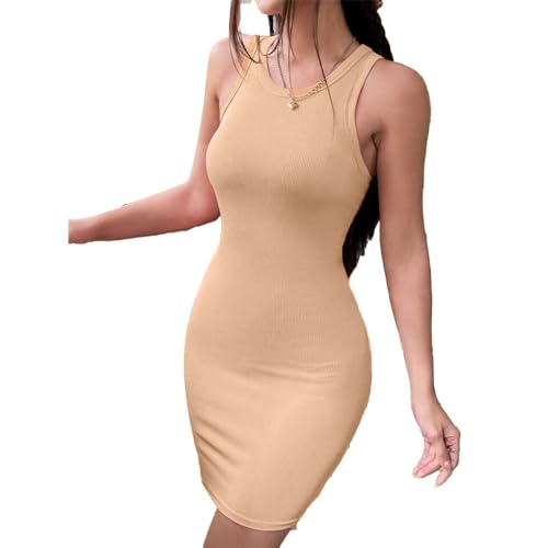 Image of Solid Sleeveless Round Neck Ribbed Western Bodycon Dress For Women
