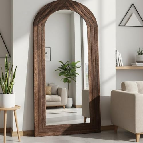 ITSRG Full Length Mirror with Solid Wood Frame, Arched Wall Miiror, 71x32 Farmhouse Wall Mounted Floor Mirror with Stand, Floor Mirror Freestading, Brown