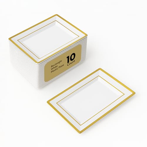 Restaurantware Rectangular Serving Plates 10 Count 11.5 x 7.25 Inch Gold-Rimmed Plastic White Disposable Buffet Plates Greaseproof Elegant Dinner Plates Warm and Cold Food Friendly