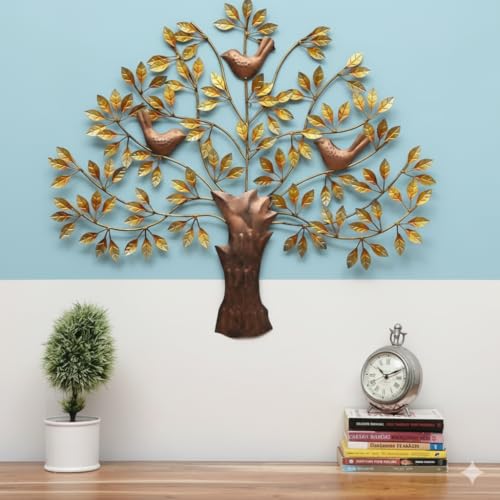 Image of Bharat Art Metal Iron 3 Bird Tree Golden Decorative Wall Art /Wall Sculpture for Home, Living Room, Bedroom, Hotels, Office, Cafe etc. - Multicolor (30 x 1 x 30 Inch)