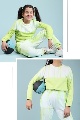 Image of Tweeny Mini Girls Kids Pure Cotton Terry Joggers Set | Tie Dye Co ord Set Winter Combo Outfit with Full Sleeves Sweatshirt and Pants | Relaxed and Comfortable Fittings