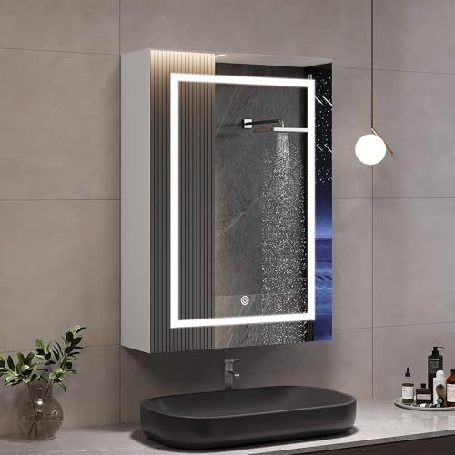 Espejo de baño con iluminación, armario de baño de una puerta con luz y estantes ajustables, armario de baño, 70x50cm, espejo LED, IP54 a prueba de agua, control táctil, espejo de pared (blanco-una