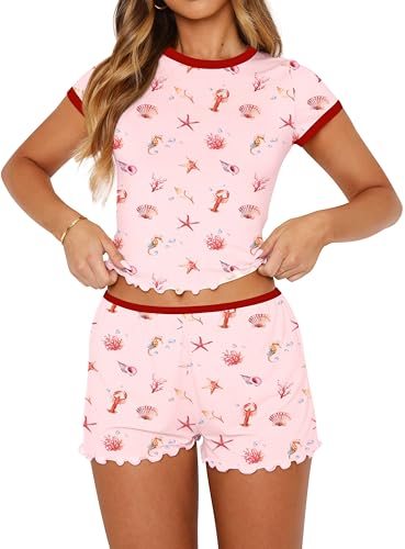 Image of Dressmine Cute Pjs Pajama Sets for Women Sexy 2 Piece Spring Pajamas Lounge Sleep Set Long Sleeve Shorts Sleepwear