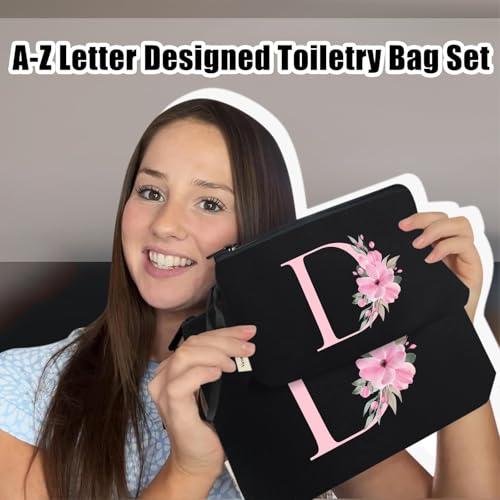 Image of Vavabox A-Z Personalized Makeup Bag, Birthday Gifts for Women Mom, Gifts for Best Friend, Bride Bridesmaid Cosmetic bag (D, 04-Black Set)