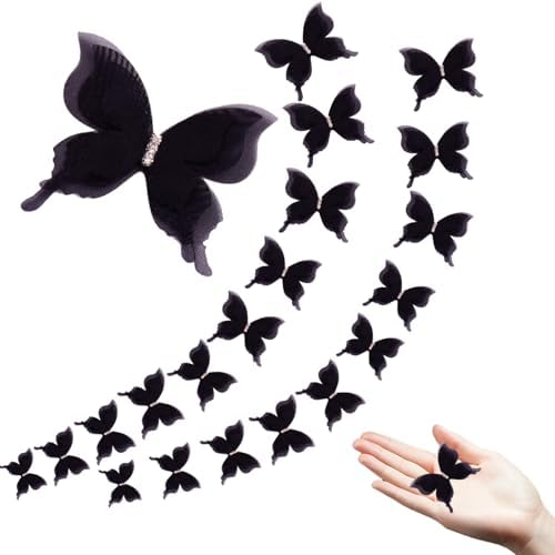 Organze Handmade 3D Butterfly Decorations, Multi-Use Back Buckle Ornaments for Curtains/Tablecloth/Clothing/Hair, Suitable for Bedroom/Living Room/Girl's Room/Wedding (20, Black)