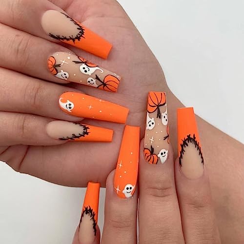 24Pcs Halloween Press on Nails Long Square - WLGDLH Orange Fake N...