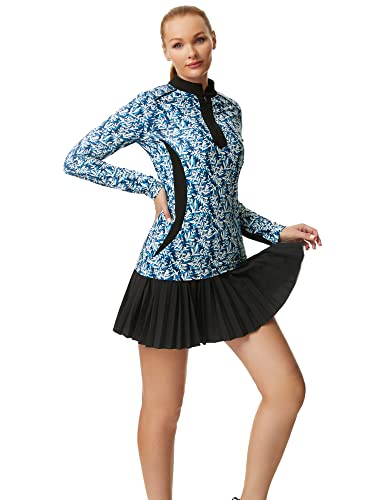 Golf Polo Shirts For Women Long Sleeve Moisture Wicking Golf Apparel Plus Size Sun Protection Golf Tops For Lady(Blue Leaf,2Xl) #TOP2