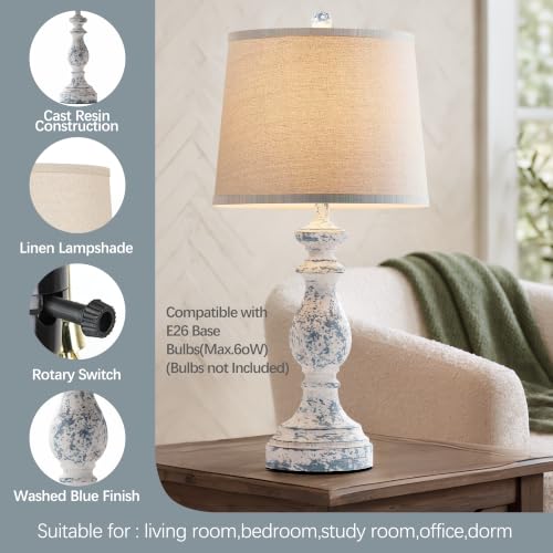 Image of PARTPHONER Traditional Table Lamp Set of 2, Rustic Farmhouse Table Lamps for Living Room Bedroom, 27 inch Bedside Desk Lamps Vintage Nightstand Lamps with Linen Shades, Washed Blue
