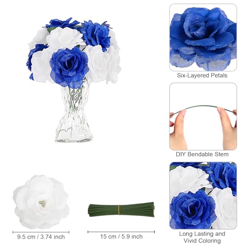 108pcs Roses Head Flowers with Stem - Blue & White Artificial Flowers Rose Bulk - Silk Royal Blue Rose Fake Flower for Wedding Bouquet Party Home Decor DIY Baby Shower Centerpieces Tables Decoration