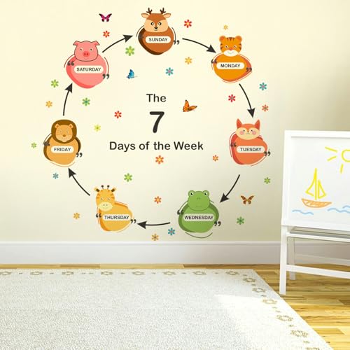 Image of StickMe '7 Days of The Week Animals Baby Kids Learning Education NurseryPre School Kinder Garden Colorful Wall Sticker' (Multi Colour, Vinyl)