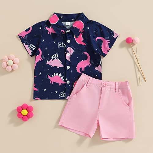 Toddler Baby Boy Clothes Shorts Set Dinosaur Print Shirt Short Sleeve Button Down Top Solid Shorts Summer Outfit (Dinosaur Print Pink, 12-18 Months) #TOP1