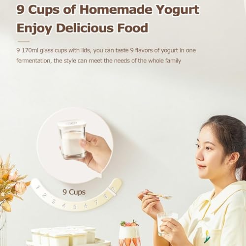 Máquina digital de yogurt con 9 tarros de vidrio, control de temperatura ajustable para queso casero, nato, máquina de fermentación de acero inoxidable fácil de limpiar