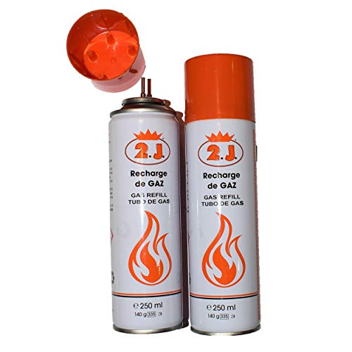 2J Lot de 2 Recharges pour briquets gaz , Challumeau De Cuisine, Allume Gaz, Kit De Patisserie,Feu, Recharge Butane,Bonbonne, Bouteille, Chargeur ou Cartouche Gaz Briquet De Marque Francaise 250 ml