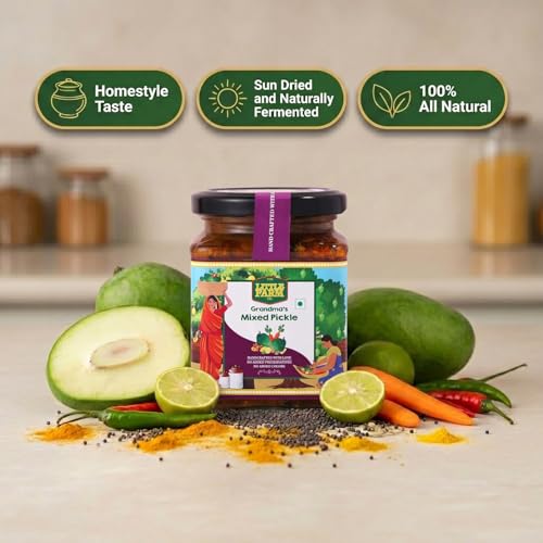 Image of THE LITTLE FARM CO Mixed Pickle 250g In Punjabi Masala, Perfect Blend of Mango, Green Chilli, Lemon, Carrot, Lotus Stem & Ginger, Mix Achar In Cold Pressed Mustard Oil With No Added Colors & Preservatives, Made In Less Oil