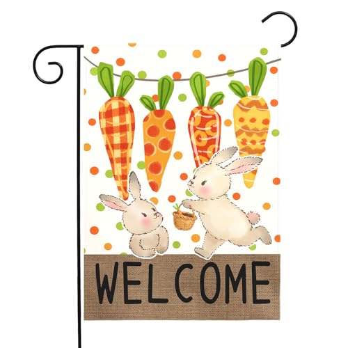Dacawin Easter Garden Flag 12 x18 Inch Double Sided Welcome Bunny Carrot Spring Yard Flag Outdoor Farmhouse Porch Decor Cute Rabbit Pattern Seasonal Easter Banners for Garden Lawn Patio Yard Home