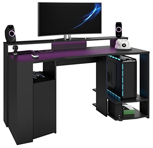 Miroytengo Mesa Gamer Color Negro con LED Incluido Setup Escritorio Ordenador Estilo Moderno Mueble 87x152x62 cm Cover