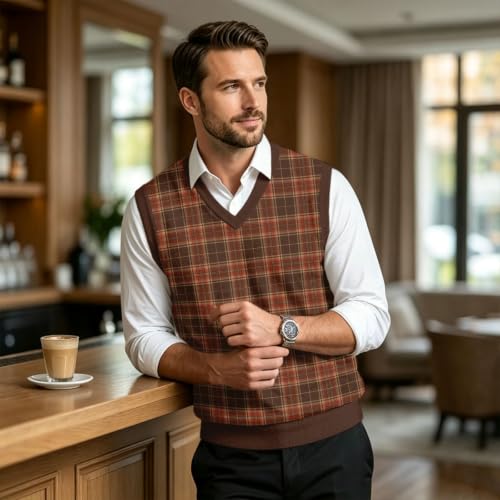 Christmas Sweater Vest Men V Neck Plaid Knit Lightweight Pullover Sweater - image 5