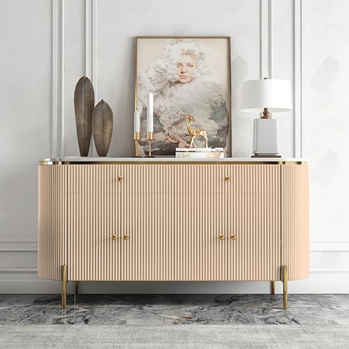 Image of Modern Console Table, 55 x 15 x 30 inch, White Ribbed Design, Marble Top, Gold Accents, 4-Door Storage Cabinet, Waterproof Plywood, PVD-Coated Legs, Elegant Entryway (Ivery)