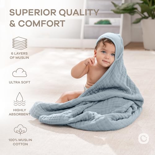 Image of Comfy Cubs Hooded Baby Towel 2-Pack, Large 32 x 32 Inch - 6 Layer 100% Muslin Cotton for Babies, Toddlers, Kids - Soft & Absorbent Baby Bath Towels - Unisex Design for Bath Time, Pacific Blue and Fern