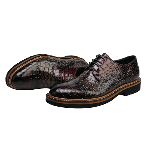 Image of Leather Oxfords Business Formal Brogue Dress Shoes, Two Color Mix /Crocodile Pattern