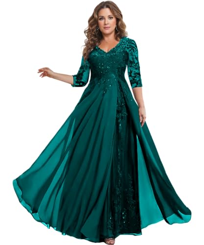 Image of HANVAIOS Sparkly Mother of The Bride Dresses for Women Long Chiffon 3 /4 Sleeve Lace Appliques Formal Gown