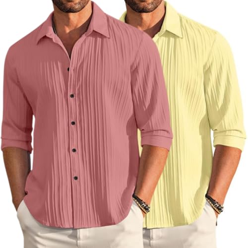 Image of FINIVO FASHION Men's Cotton Blend Shirt Set Lightweight, Full Sleeves, Plain Texture, Button Closure, Summer Ready (Pack of 2)
